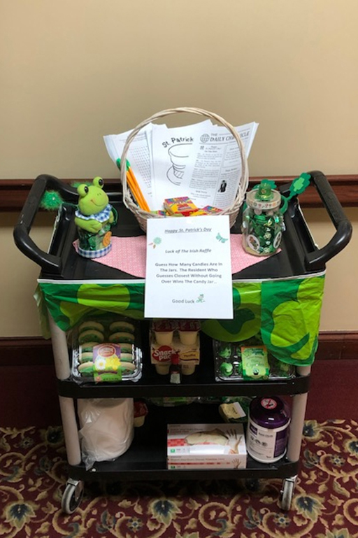 Life Care Center of Nashoba Valley had a rolling St. Patrick's Day cart with games and activities for the holiday.